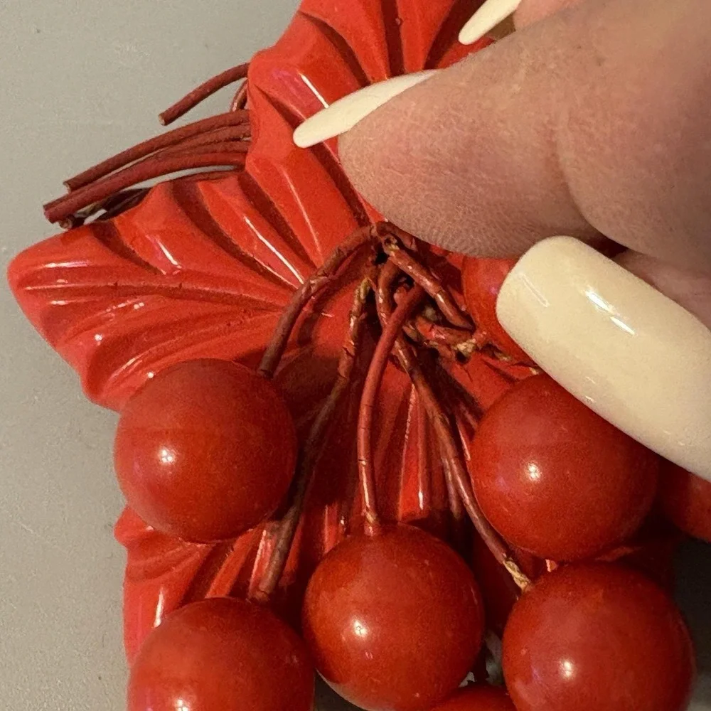 1930s - 40s Cherry Red Bakelite Brooch Carved Leaf Dangling Cherries Huge!